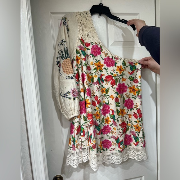 NWT Farm Rio Toucan's Garden Floral Embroidery One-Shoulder Linen Blend Dress - Picture 13 of 14